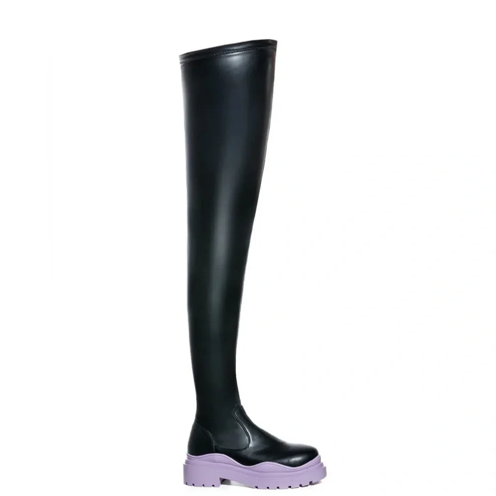 AZALEA WANG Black & Periwinkle Purple Thigh High Stretch Boots